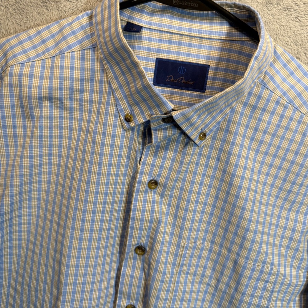 David Donahue Mens XXL‎ Button Down Plaid Shirt Long Sleeve Blue Beige